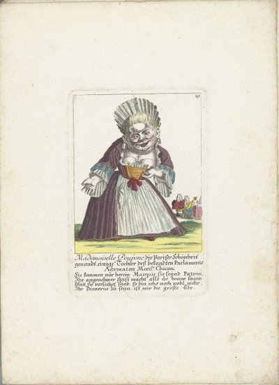 De dwerg Mademoiselle Poupon, als Parijse schone, ca. 1710 door Martin Engelbrecht (attributed to)