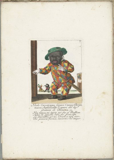 De dwerg Nicolo Caccatrippa als harlekijn, ca. 1710 door Martin Engelbrecht (attributed to)