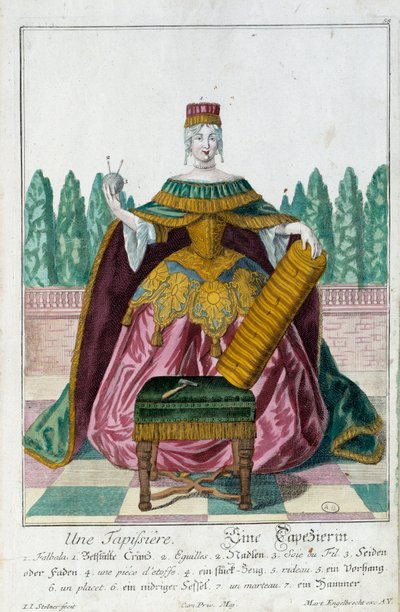Een stoffeerder. Gravure door Martin Engelbrecht (1684-1756), in Nieuwe verzameling van de manouvries habilles 18e eeuw, Duitsland. Parijs, Decoratieve Kunsten door Martin Engelbrecht