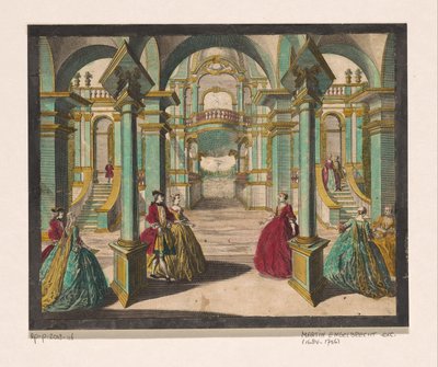 Gezicht op het interieur van een paleis, met verscheidene rijk geklede dames en heren door Martin Engelbrecht