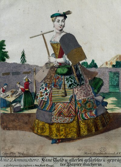 Fabrikant van gekleurd papier, gravure uit Assemblage des nouveau manouvries habilles door Martin Engelbrecht