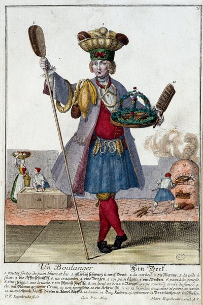 Beroep: Een bakker. Gravure door Martin Engelbrecht (1684-1756), in Nieuwe verzameling van de manouvries habilles 18e eeuw, Duitsland. Parijs, Decoratieve Kunsten door Martin Engelbrecht