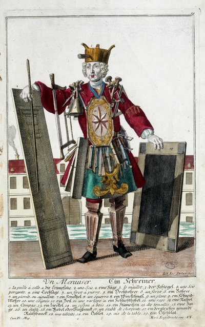 Beroep: Een timmerman. Gravure door Martin Engelbrecht (1684-1756), in "Nieuwe verzameling van de geklede handwerkslieden" 18e eeuw, Duitsland. Parijs, Decoratieve Kunsten door Martin Engelbrecht