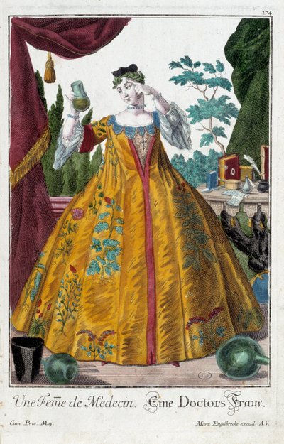 Beroep: De vrouw van een dokter. Gravure door Martin Engelbrecht (1684-1756), in Nieuwe verzameling van de manouvries habilles 18e eeuw, Duitsland. Parijs, Decoratieve Kunsten door Martin Engelbrecht