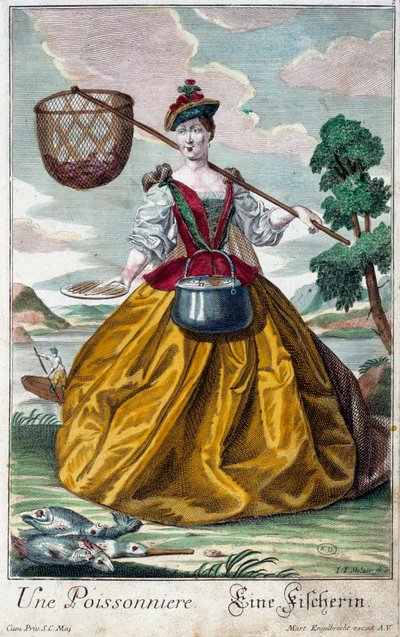 Beroep: Een vis. Gravure door Martin Engelbrecht (1684-1756), in "Nieuwe verzameling van de geklede handwerkslieden" 18e eeuw, Duitsland. Parijs, Decoratieve Kunsten door Martin Engelbrecht