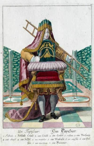 Ambacht: een stoffeerder. Gravure door Martin Engelbrecht (1684-1756), in 