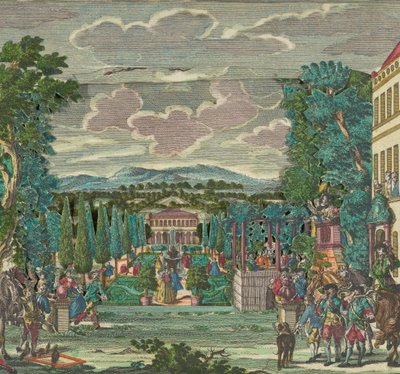 Papieren theater of diorama van een Italiaans villa en tuin, ca. 1730-56 door Martin Engelbrecht
