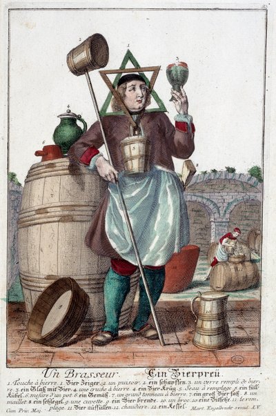 Voorstelling van een brouwer met een fontein, een glas, een kruik, een emmer, een vat, een hamer, een kom, een broc, een ketel. Gravure door Martin Engelbrecht (1684-1756) door Martin Engelbrecht