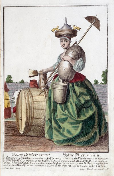 Voorstelling van de vrouw van een brouwer, met een trechter op haar hoofd, een graanzak, een kom, een emmer, een biervat. Gravure door Martin Engelbrecht door Martin Engelbrecht