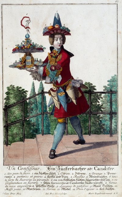 De banketbakker: een jonge man met een dienblad met snoep en banket. Gravure door Martin Engelbrecht (1684-1756) 18e eeuw. Parijs, Decoratieve Kunsten door Martin Engelbrecht
