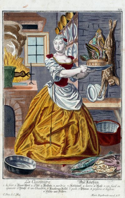 De kok. Gravure door Martin Engelbrecht (1684-1756), in Nieuwe verzameling van de manouvries habilles 18e eeuw, Duitsland. Parijs, Decoratieve Kunsten door Martin Engelbrecht