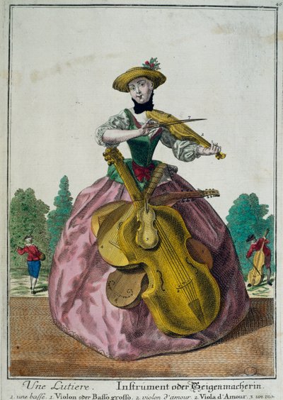 Une Lutiere, Luitspeler met altviool, cello en viool, door Martin Engelbrecht (1684-1756), kleurendruk, Frankrijk door Martin Engelbrecht