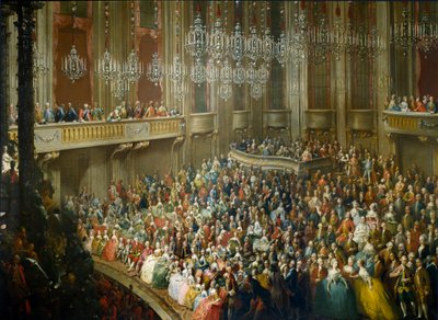 Feest ter ere van Maria Theresia van Oostenrijk, Jozef II en zijn vrouw Isabella van Parma door Martin II (school of) Mytens or Meytens