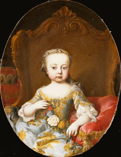 Portret van Zijn Zus, de Aartshertogin Maria Christine, Zittend, Driekwart Lengte, in een Goud Geborduurde Blauwe Jurk met een Bloemenguirlande door Martin Meytens the Younger