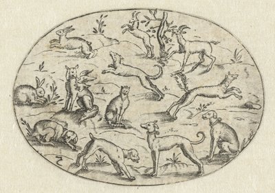 Ovaal met honden, geiten en konijnen door Martin Pleginck