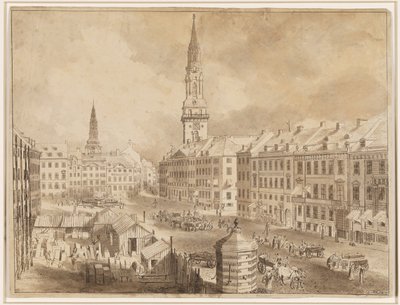 Nytorv en Gammel Torv in Kopenhagen met de torenspitsen van Sankt Petris en Vor Frue Kerk door Martin Rudolf Heland