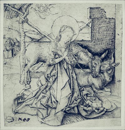 "Aanbidding van het Kind (pen en inkt) door Martin Schongauer