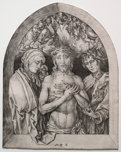 Christus als de Man van Smarten tussen de Maagd en St. Johannes door Martin Schongauer