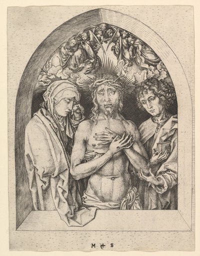 Christus als de Man van Smarten met de Maagd en St. Johannes, ca. 1435-1491 door Martin Schongauer