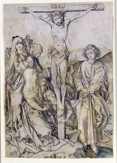 Christus aan het kruis, met de Maagd en St. Johannes door Martin Schongauer