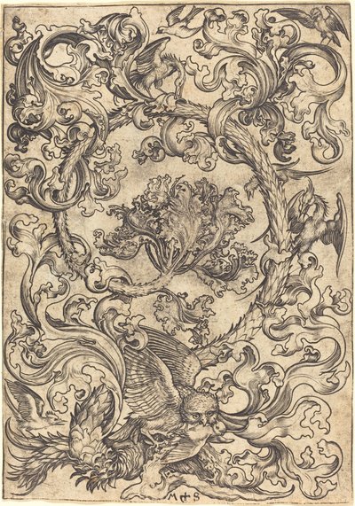 Ornament met Uil Bespot door Dagvogels door Martin Schongauer