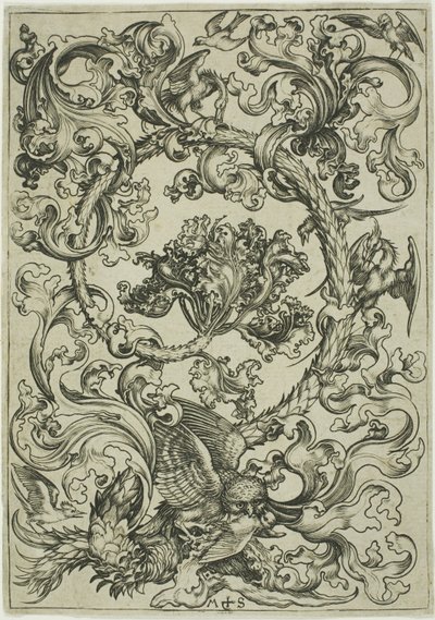 Ornament met uil gespot door dagvogels door Martin Schongauer