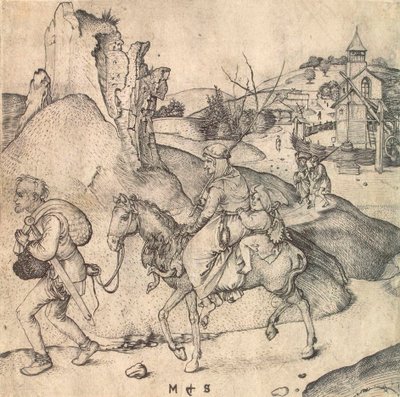 Boerenfamilie op weg naar de markt, tussen 1473 en 1475 door Martin Schongauer