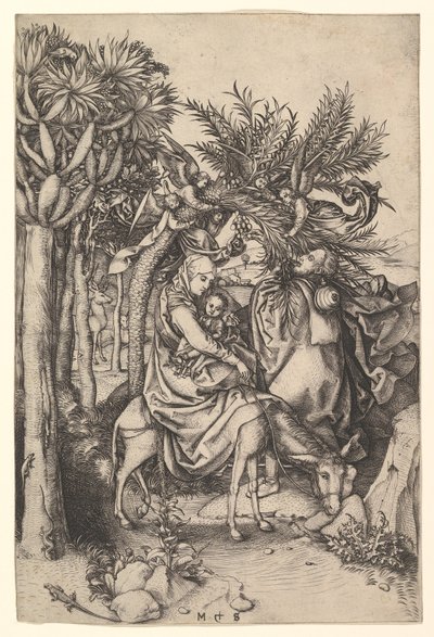 Rust tijdens de Vlucht naar Egypte, ca. 1435-1491 door Martin Schongauer