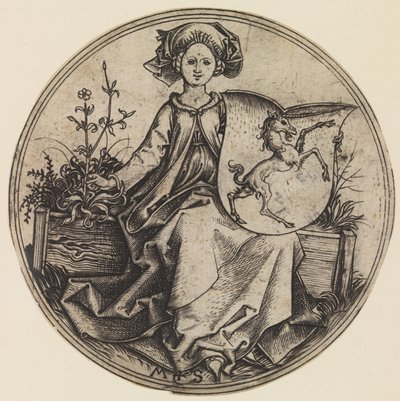 Zittende dame met een schild met een eenhoorn door Martin Schongauer