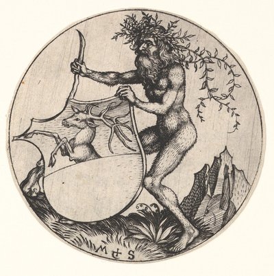 Schild met hert vastgehouden door wilde man, ca. 1435-1491 door Martin Schongauer