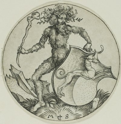 Schild met een hazewindhond, vastgehouden door een wilde man door Martin Schongauer