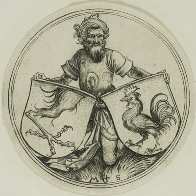 Schild met een griffioenvoet en schild met een haan vastgehouden door een Moor door Martin Schongauer