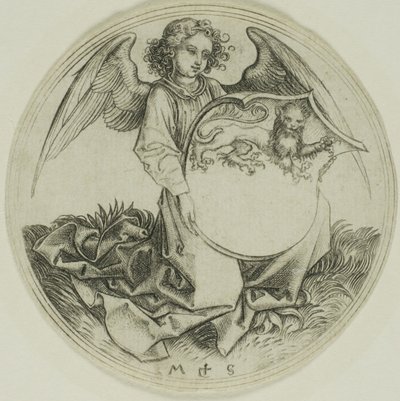Schild met een leeuw, vastgehouden door een engel door Martin Schongauer