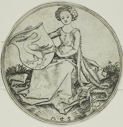 Schild met een zwaan, vastgehouden door een zittende dame door Martin Schongauer