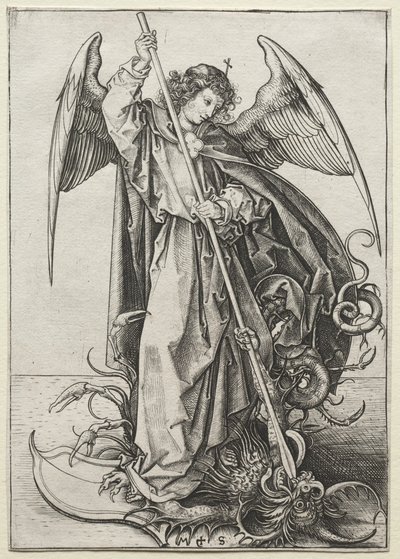 De aartsengel Michaël doorboort de draak door Martin Schongauer