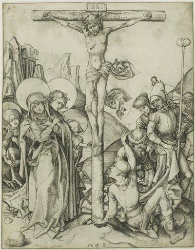 De kruisiging met de heilige vrouwen, Johannes en Romeinse soldaten door Martin Schongauer