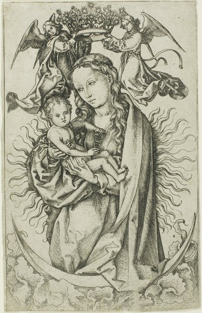 De Madonna op de Maansikkel Gekroond door Twee Engelen door Martin Schongauer