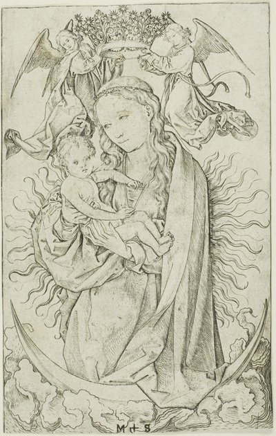 De Madonna op de sikkel gekroond door twee engelen door Martin Schongauer