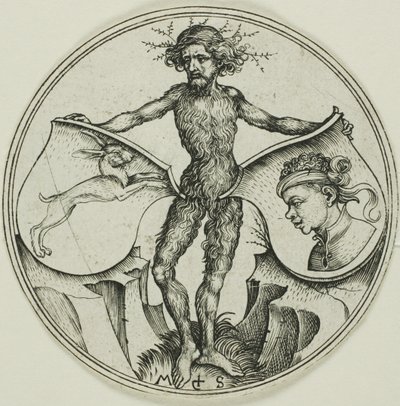 Twee Schilden met een Haas en een Morenkop, vastgehouden door een Wildeman door Martin Schongauer