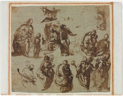 Verschillende Schetsen van de Madonna en Kind (recto) Architecturale Studies (verso) [gedeeltelijk zichtbaar op recto] door Martin Schongauer