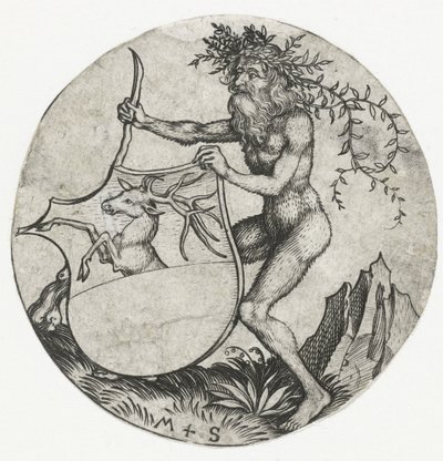 Wapenschild met een hert, vastgehouden door een wildeman met een knots door Martin Schongauer