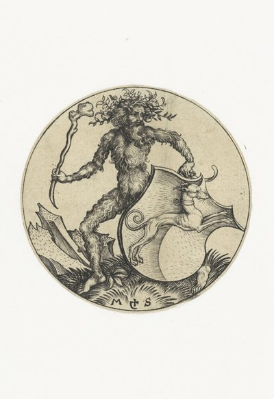 Wapenschild met een hond, vastgehouden door een wildeman met een knots door Martin Schongauer