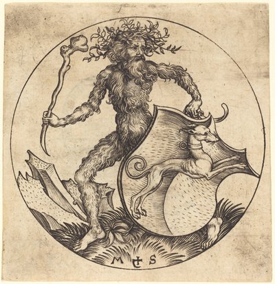Wilde Man met een Schild en een Windhond door Martin Schongauer