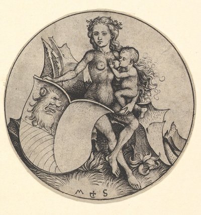 Wilde Vrouw met een Schild met een Leeuwenkop door Martin Schongauer
