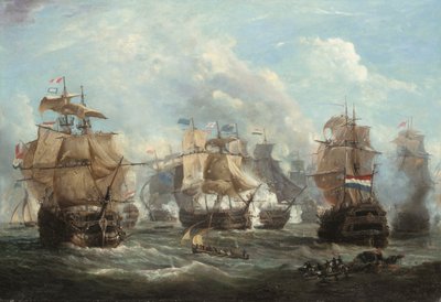 Het Engelse vlaggenschip Venerable in gevecht met het Nederlandse vlaggenschip Vrijheid bij de Slag bij Camperdown door Martin Schouman