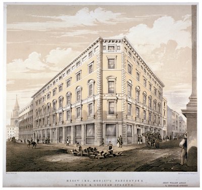 Magazijnen van Messrs J&R Morley, hoek van Wood Street en Gresham Street, Londen, ca. 1840 door Martin and Hood