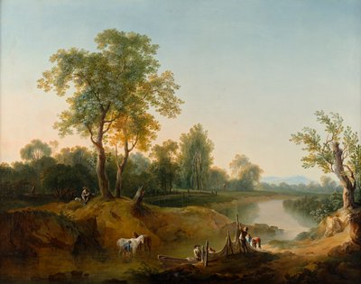 Ruiter en vissers in een rivierlandschap door Martin von Molitor