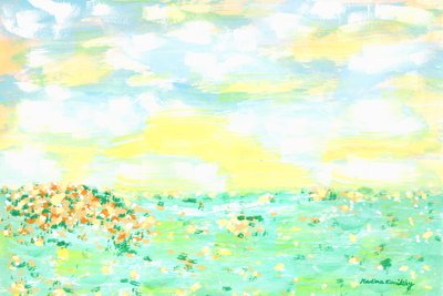 Bloemenweide en wolkenlucht geel abrikoos door Martina Konitzky
