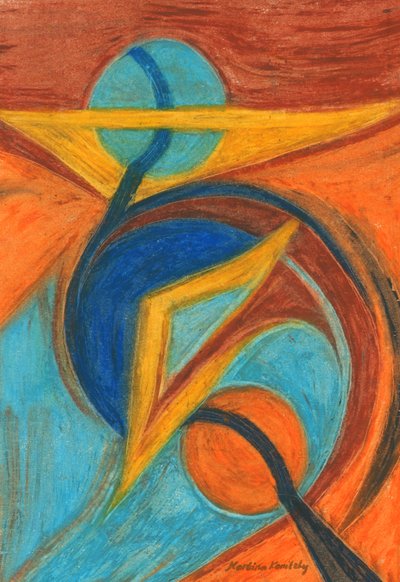 Bruin Oranje Geel Blauw Abstract door Martina Konitzky