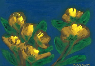 Gele rozen avondhemel compositie bruin geel blauw door Martina Konitzky